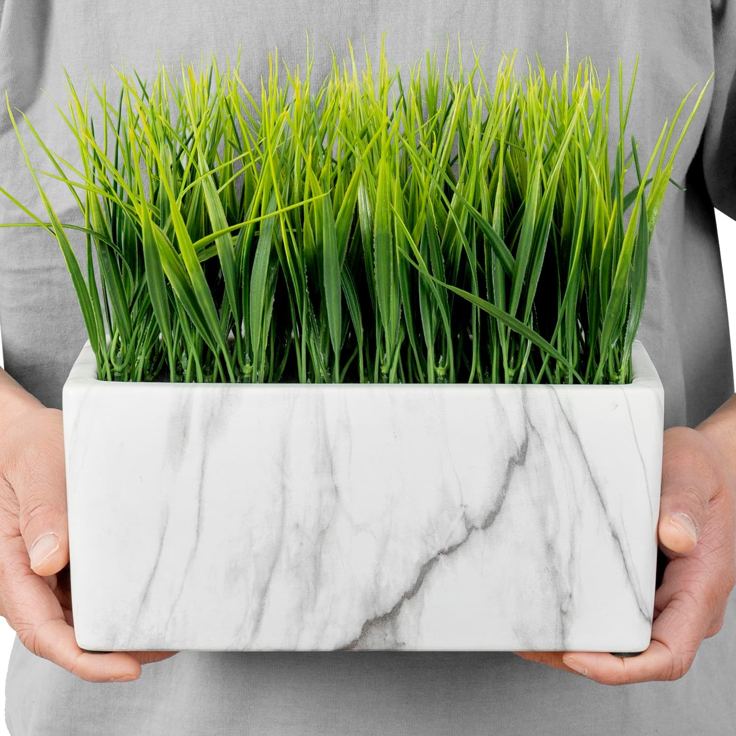 MyGift 10 Inch Artificial Green Grass in White Marble Ceramic Planter