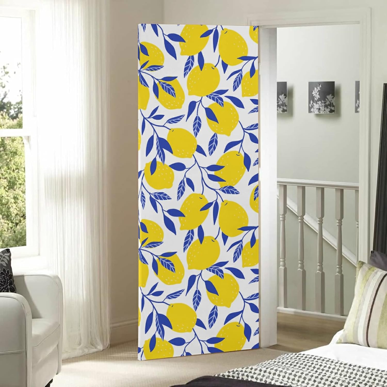 Poeticcity Tropical Yellow Lemons Blue Leaves Door Cover 36x98 Inches