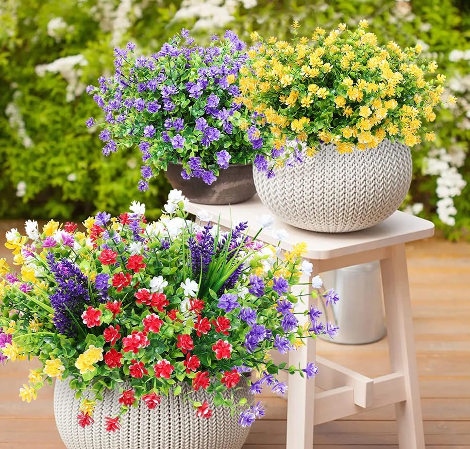 12 Bundles Artificial Eucalyptus Flowers UV Resistant Outdoor Decor