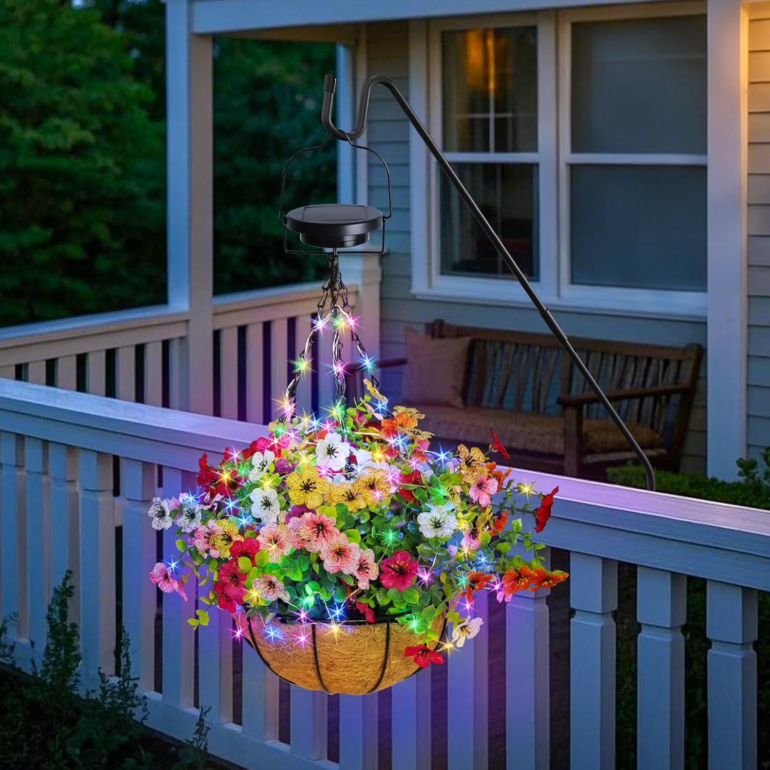 Solar Lighted Fake Flowers Basket for Outdoor Decor