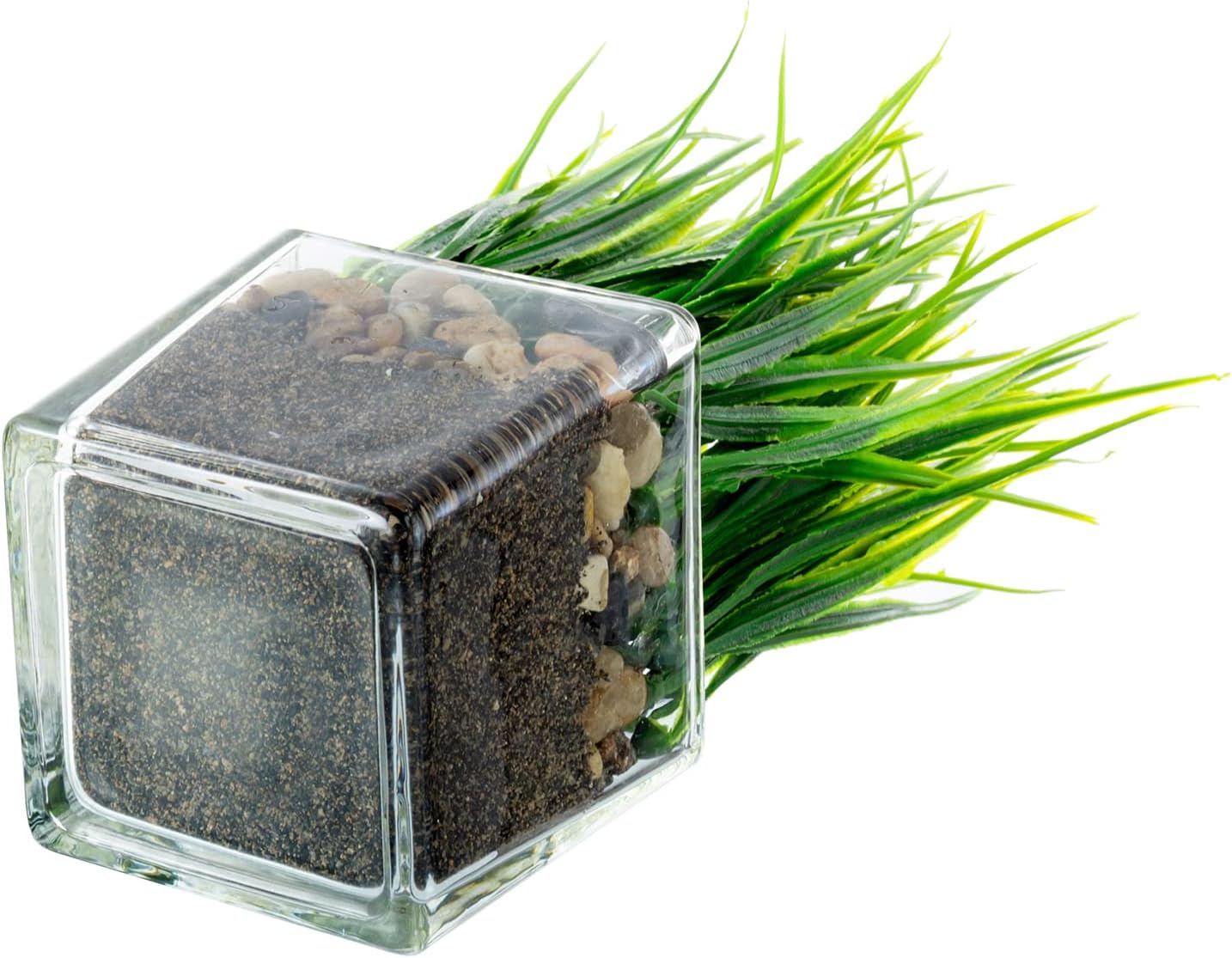 MyGift Artificial Grass Plants in Square Clear Glass Pots Set of 2