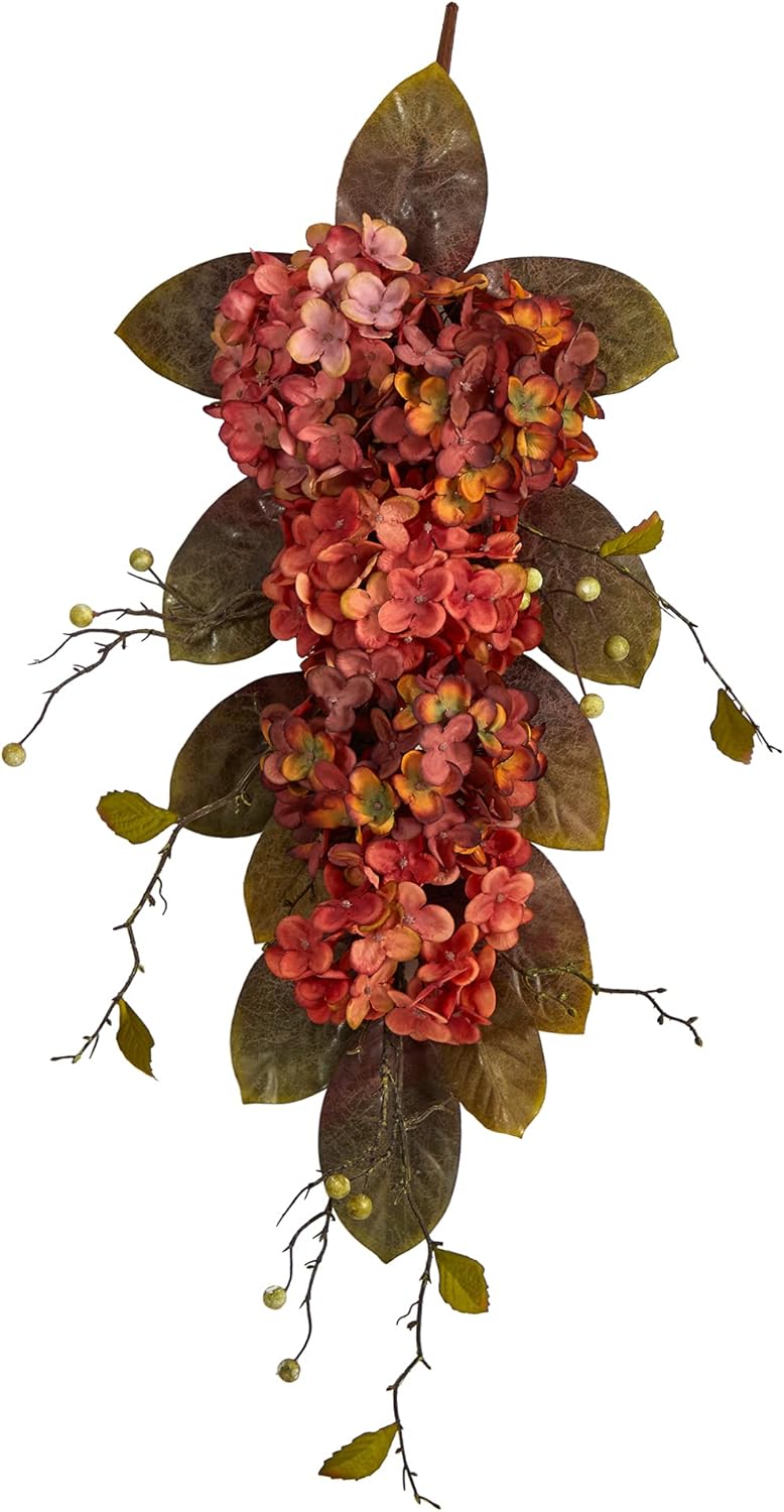 Nearly Natural 35 Inch Autumn Hydrangea and Berry Artificial Fall Teardrop