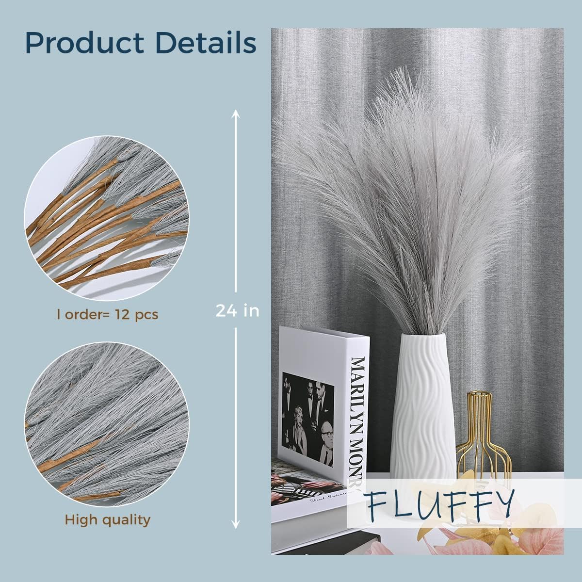 U-LIAN 12PCS Grey Faux Pampas Grass 24 Inch Decor