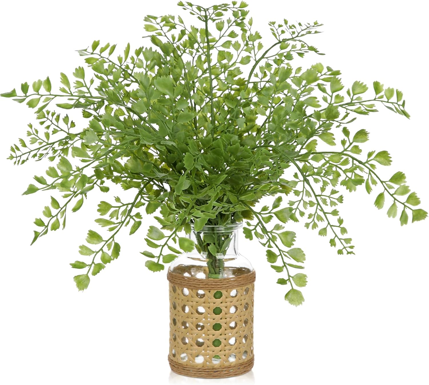 Faux Greenery Stems Artificial Fern Plant in Glass Vase with Woven Cover