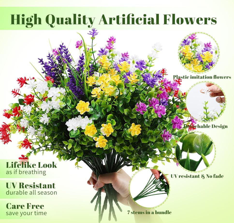 12 Bundles Artificial Eucalyptus Flowers UV Resistant Outdoor Decor
