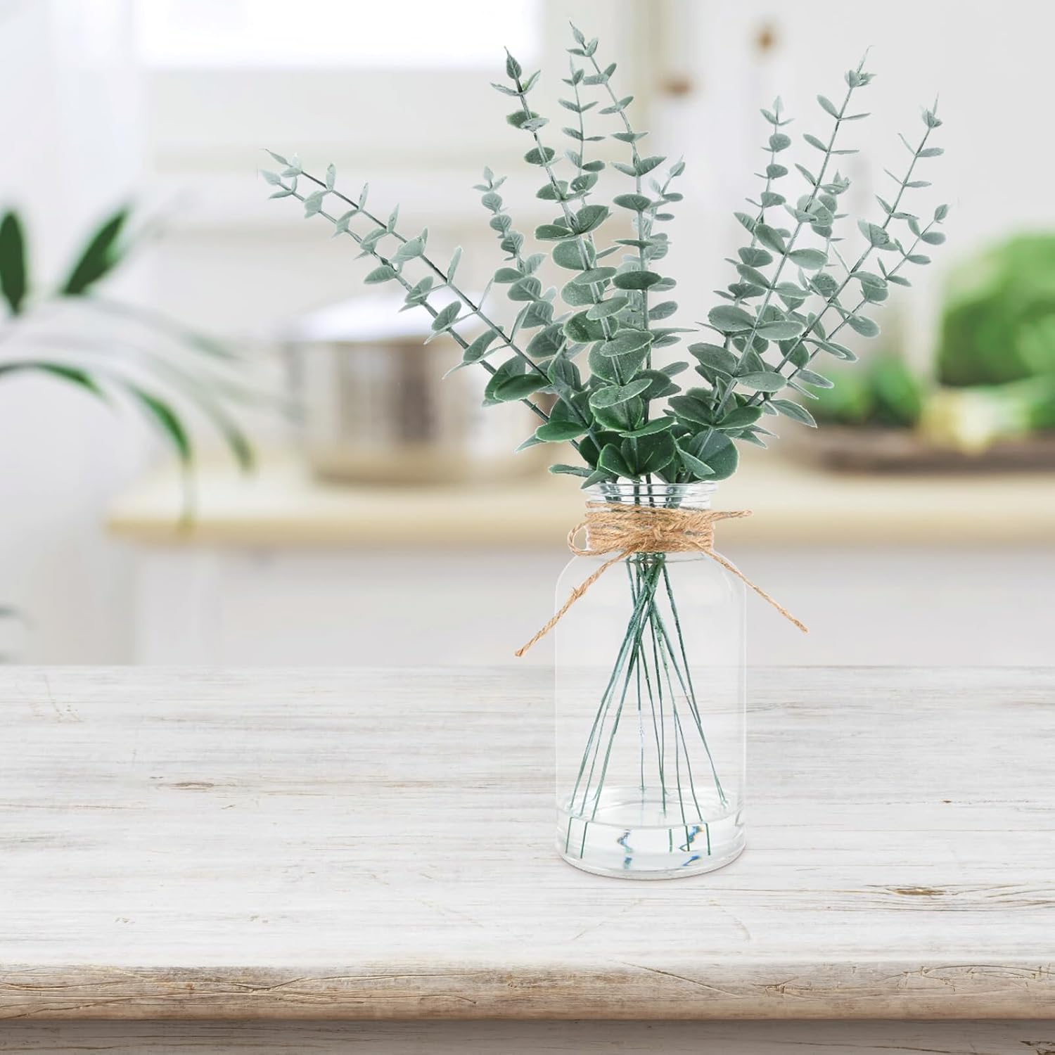Lovmeety Artificial Eucalyptus Stems with Faux Water in Glass Vase