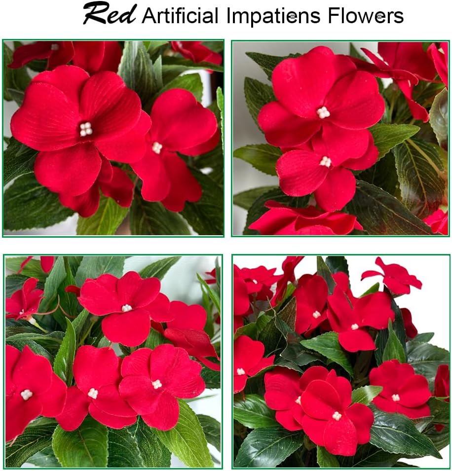 Artificial Impatiens Flowers 2PCS Red Outdoor Indoor Decor