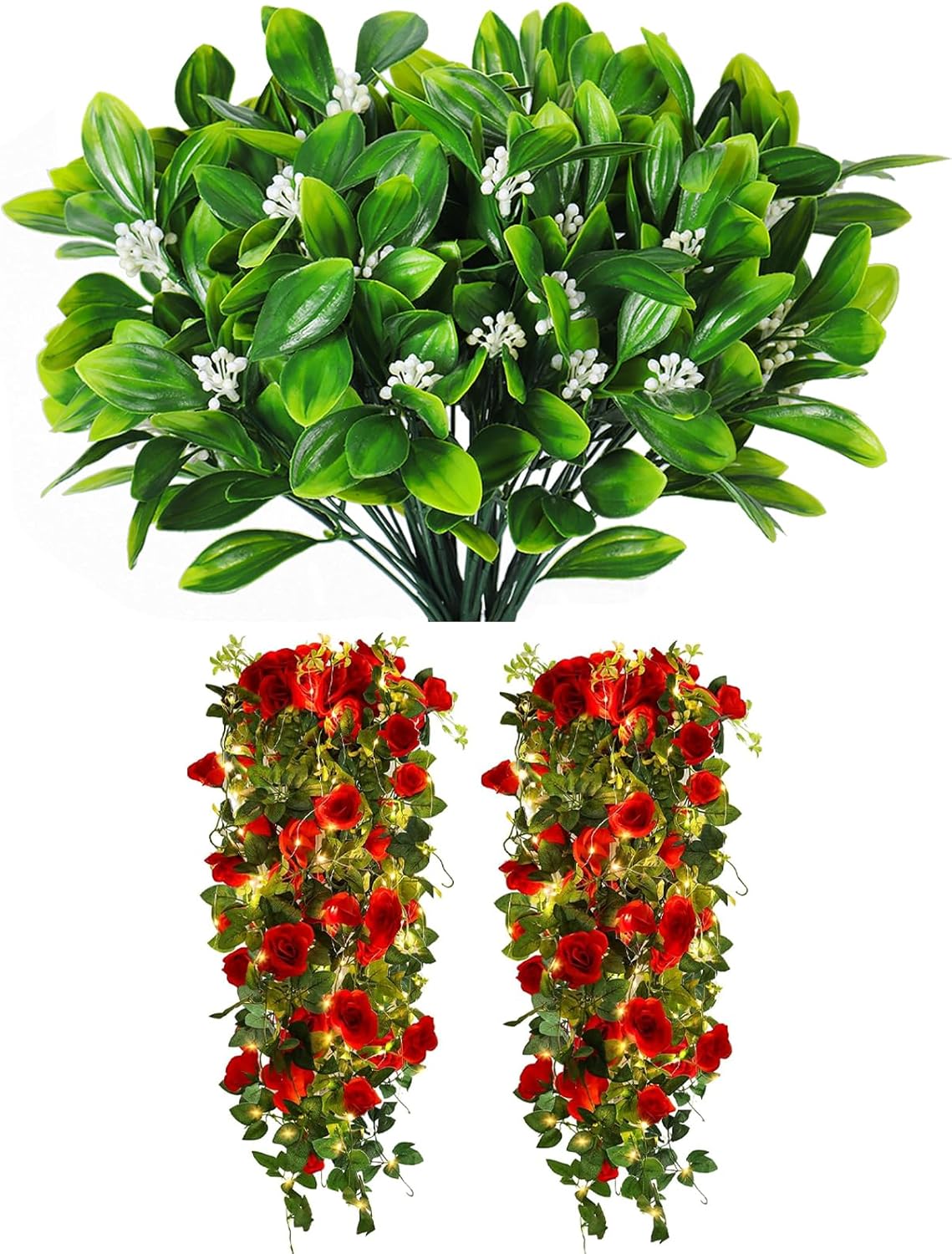RECUTMS Artificial Shrubs with Fern Leaves and Hanging Roses