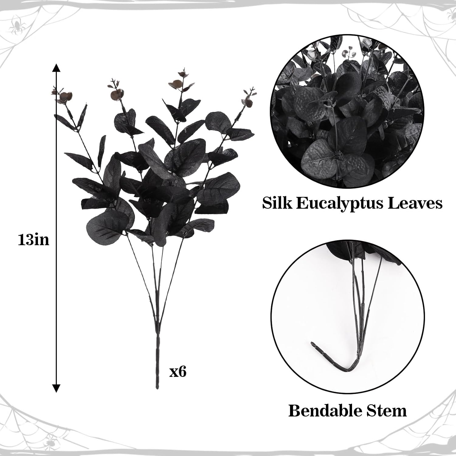 6 Pcs Black Eucalyptus Stems for Halloween Decor