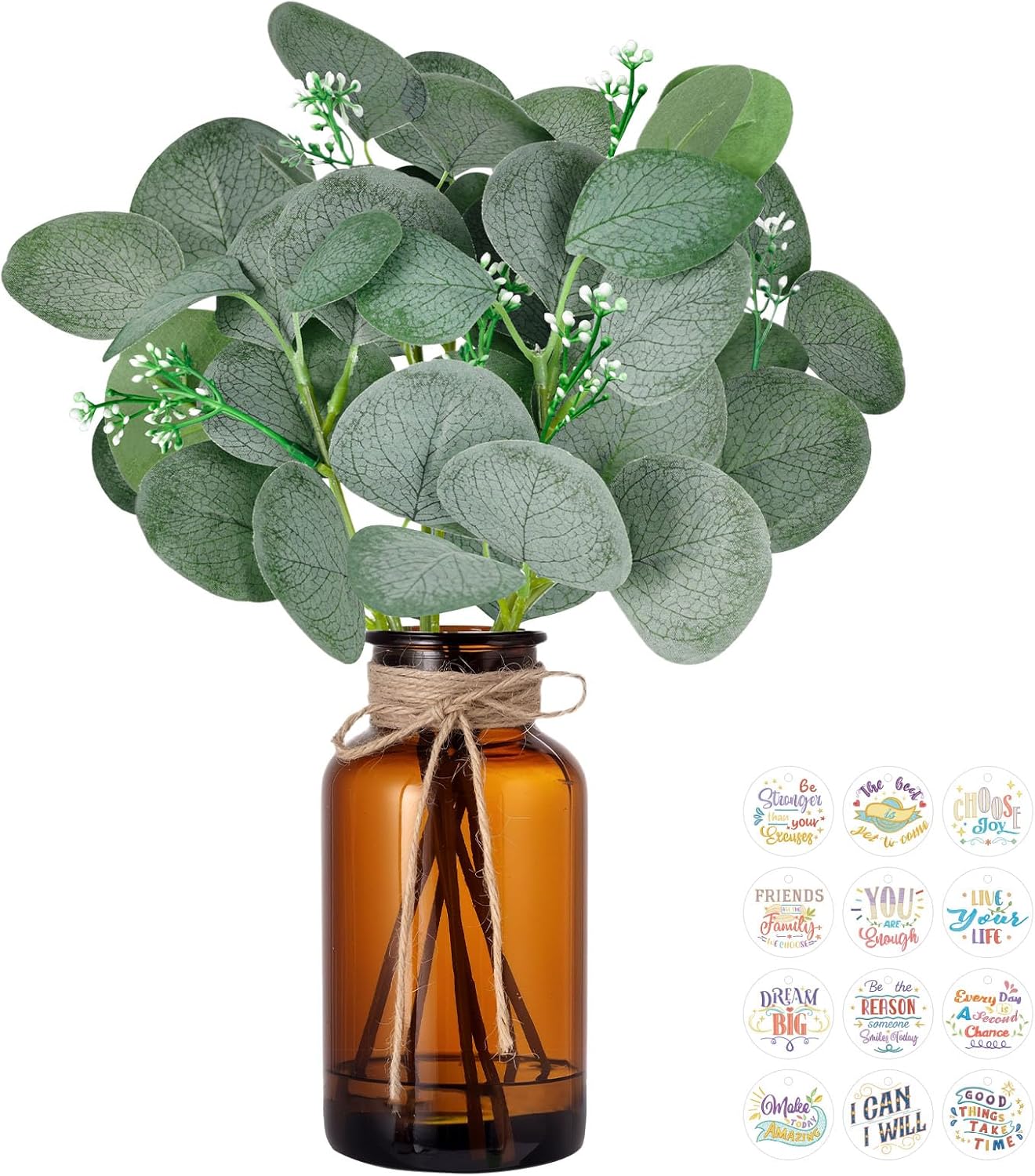 DomeStar 7pcs Artificial Eucalyptus in Brown Vase