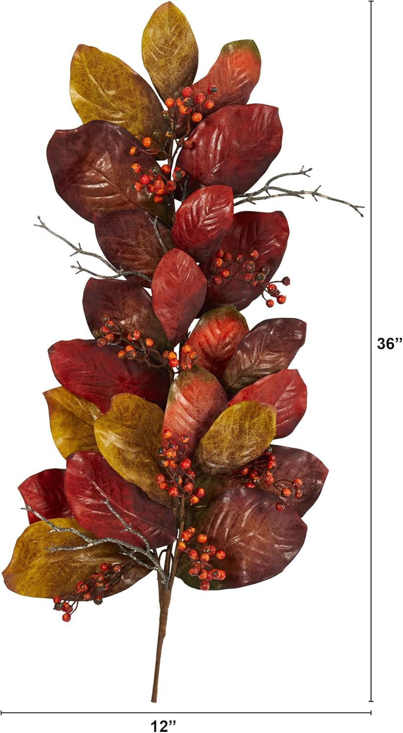 Nearly Natural 36in Autumn Magnolia Leaf with Berries Artificial Decor