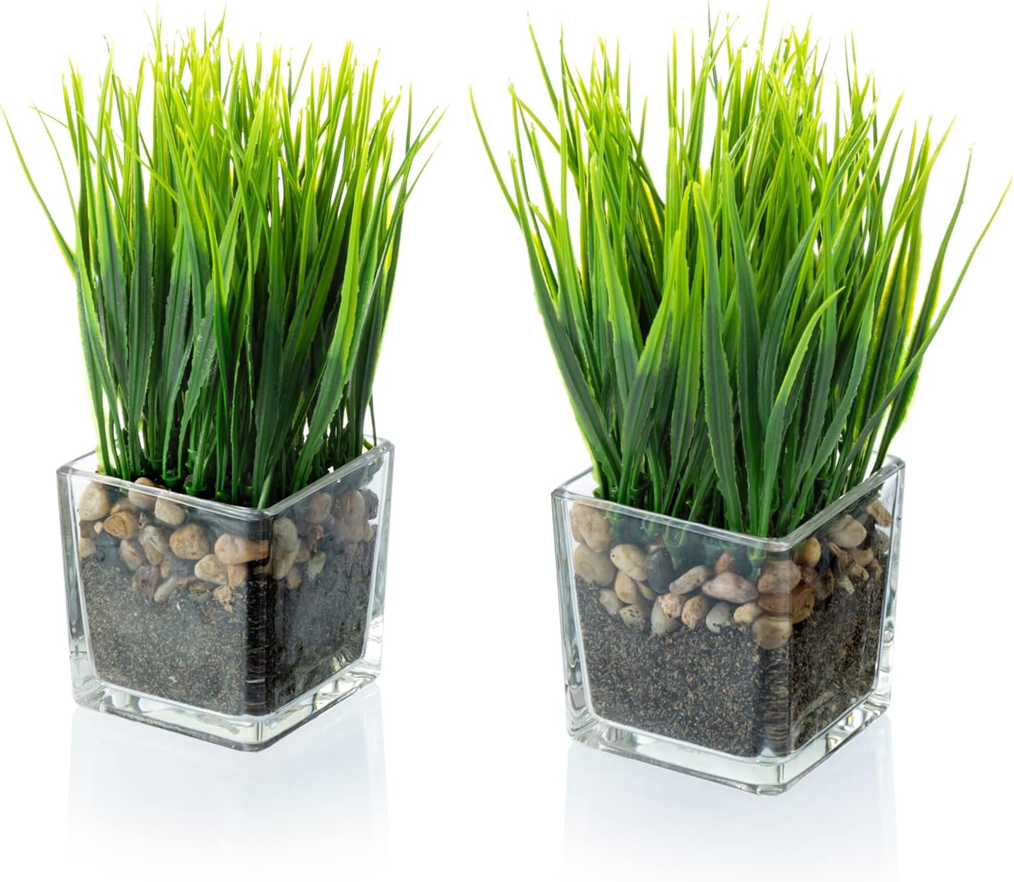 MyGift Artificial Grass Plants in Square Clear Glass Pots Set of 2