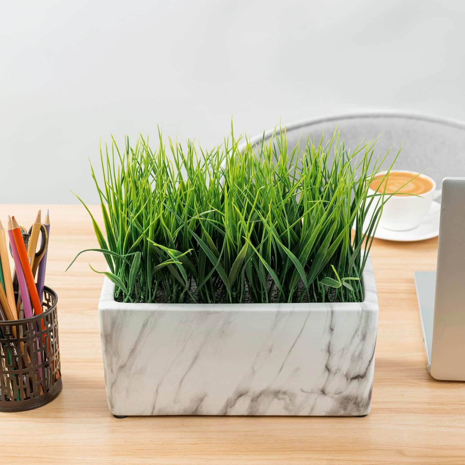 MyGift 10 Inch Artificial Green Grass in White Marble Ceramic Planter