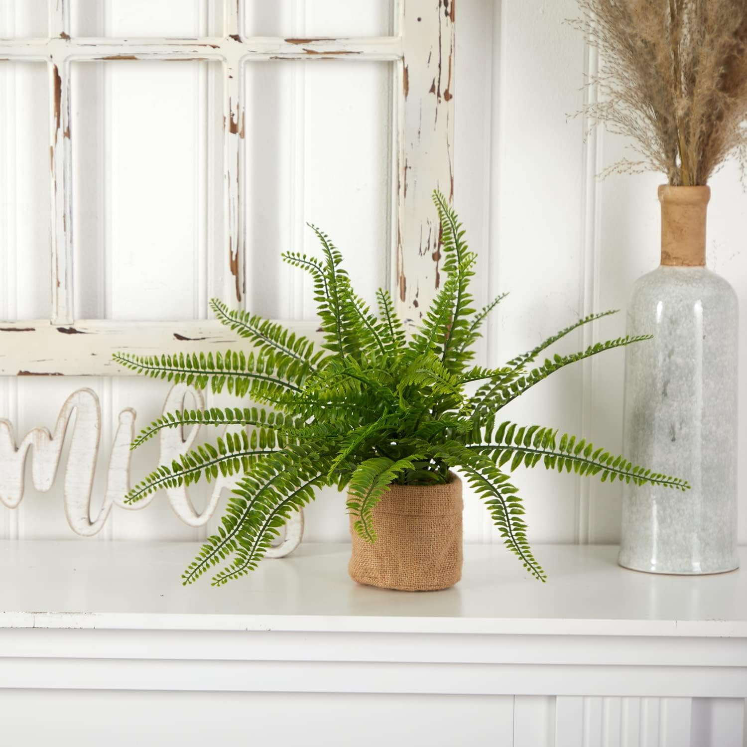 Nearly Natural Boston Fern with Burlap Planter Set of 2