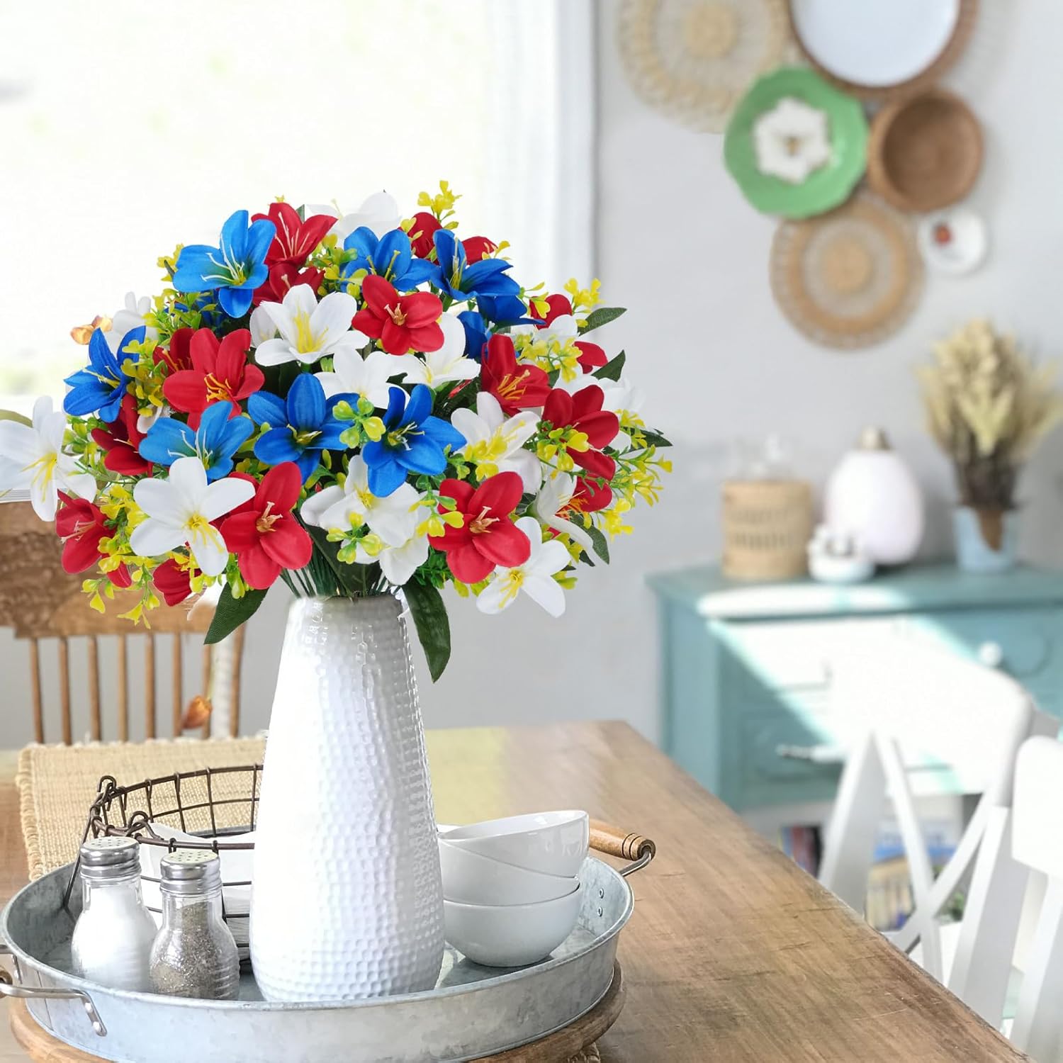 6 Bundles Patriotic Artificial Lily Flowers Red White Blue