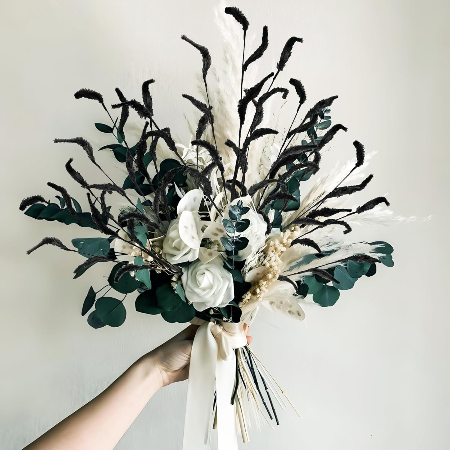 Black Dried Pampas Grass Faux Flowers 8pcs