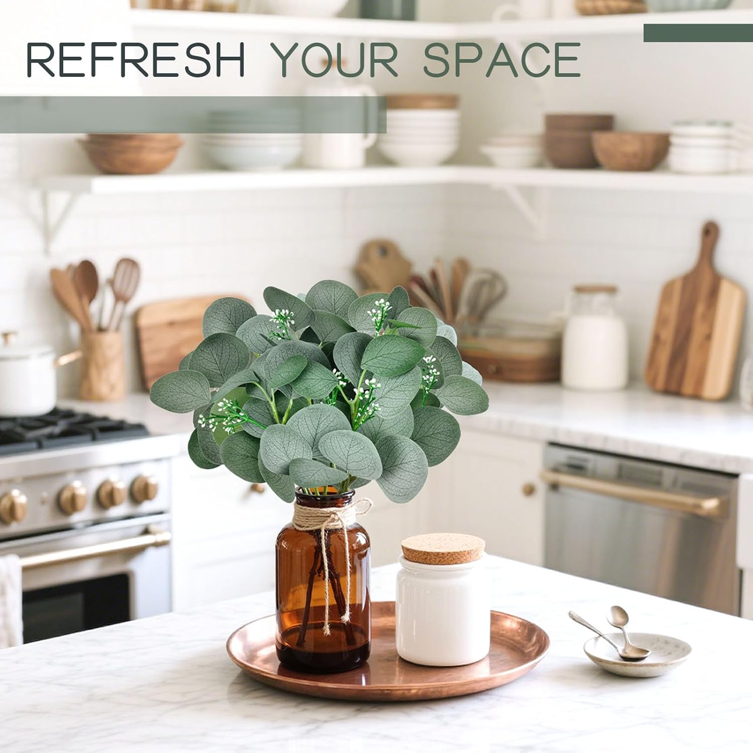 DomeStar 7pcs Artificial Eucalyptus in Brown Vase