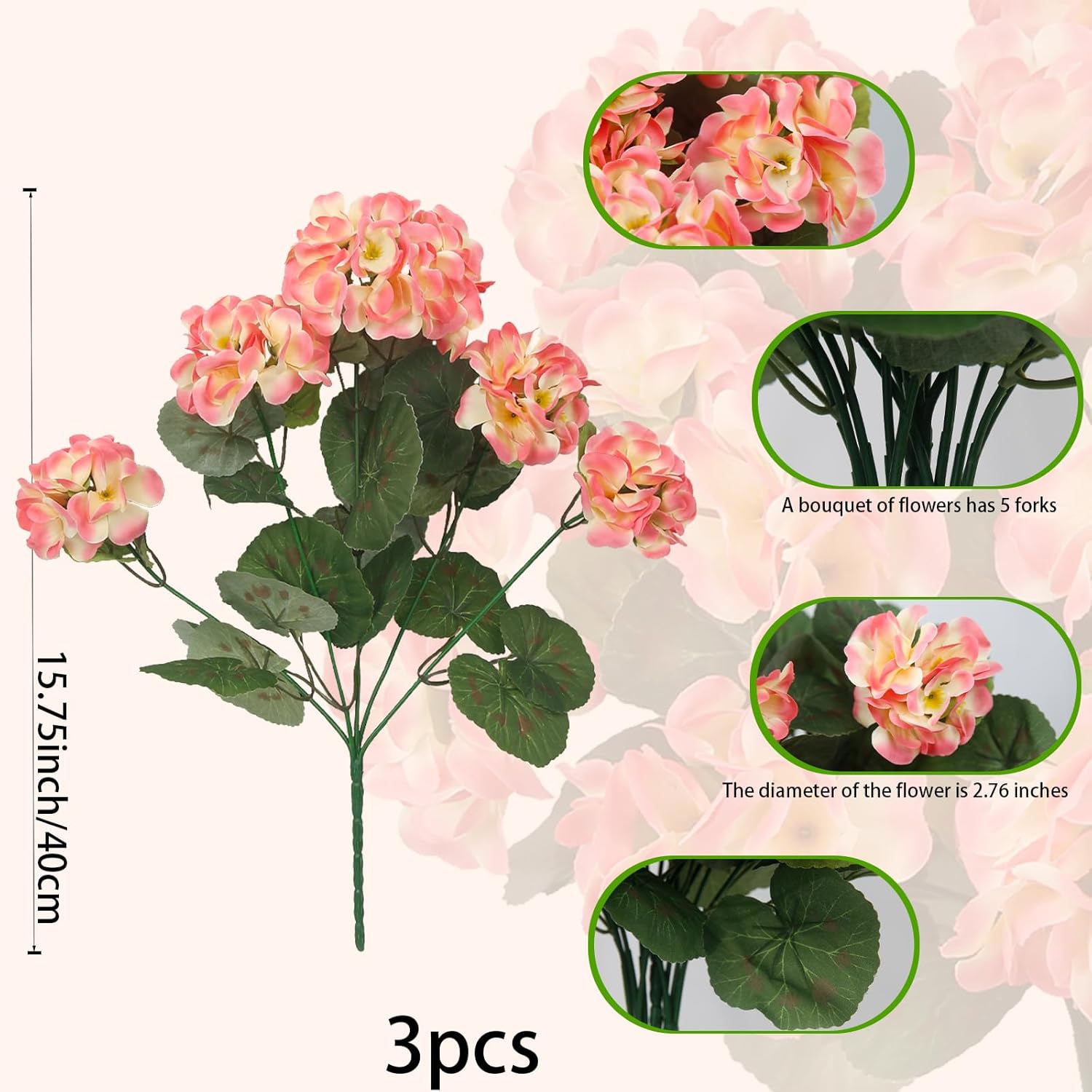 3 Pcs Artificial Geranium Flowers for Outdoor Decor