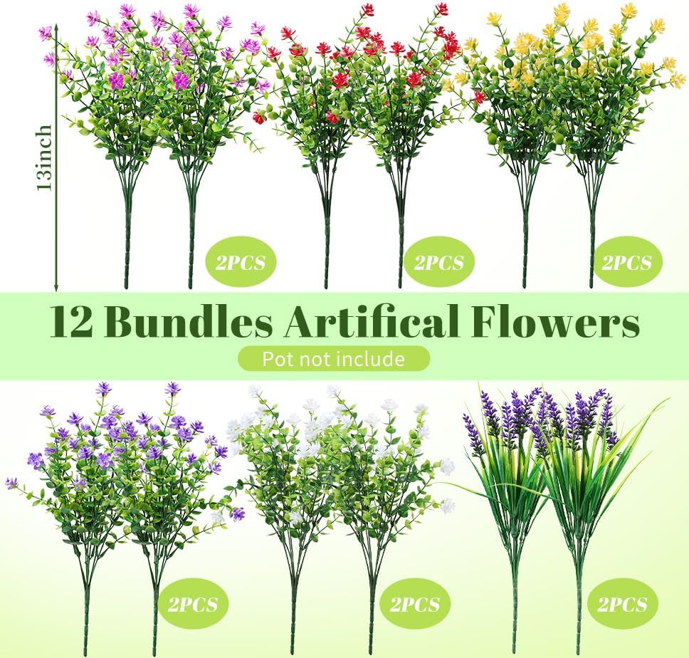 12 Bundles Artificial Eucalyptus Flowers UV Resistant Outdoor Decor