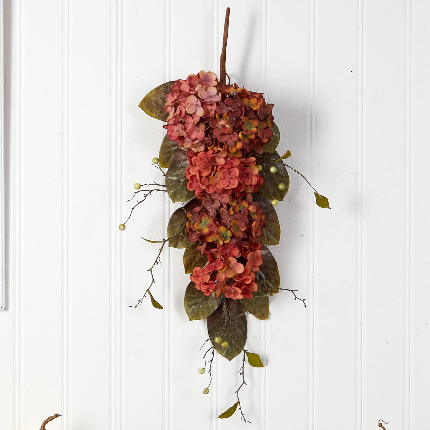 Nearly Natural 35 Inch Autumn Hydrangea and Berry Artificial Fall Teardrop