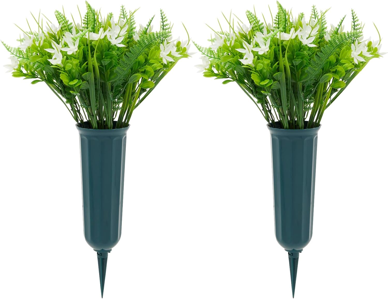 Bright Creations White Artificial Flowers with 2 Cone Vases for Cemetery