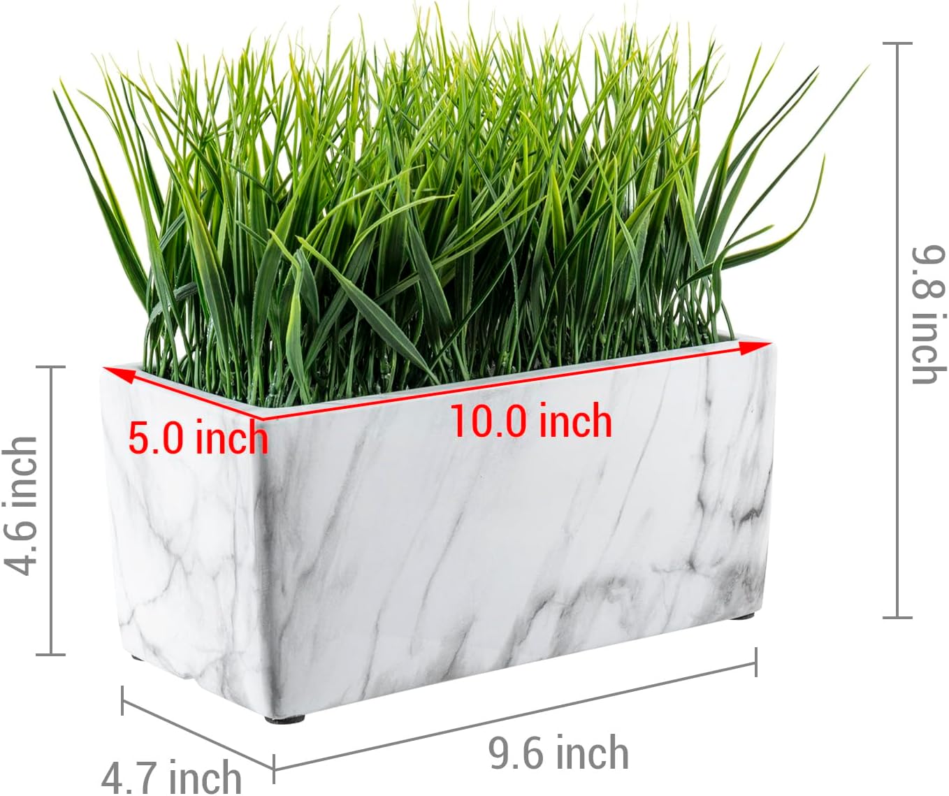 MyGift 10 Inch Artificial Green Grass in White Marble Ceramic Planter