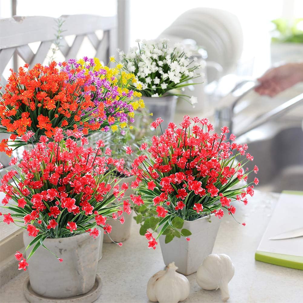 8 Bundles Artificial Fake Flowers UV Resistant Red