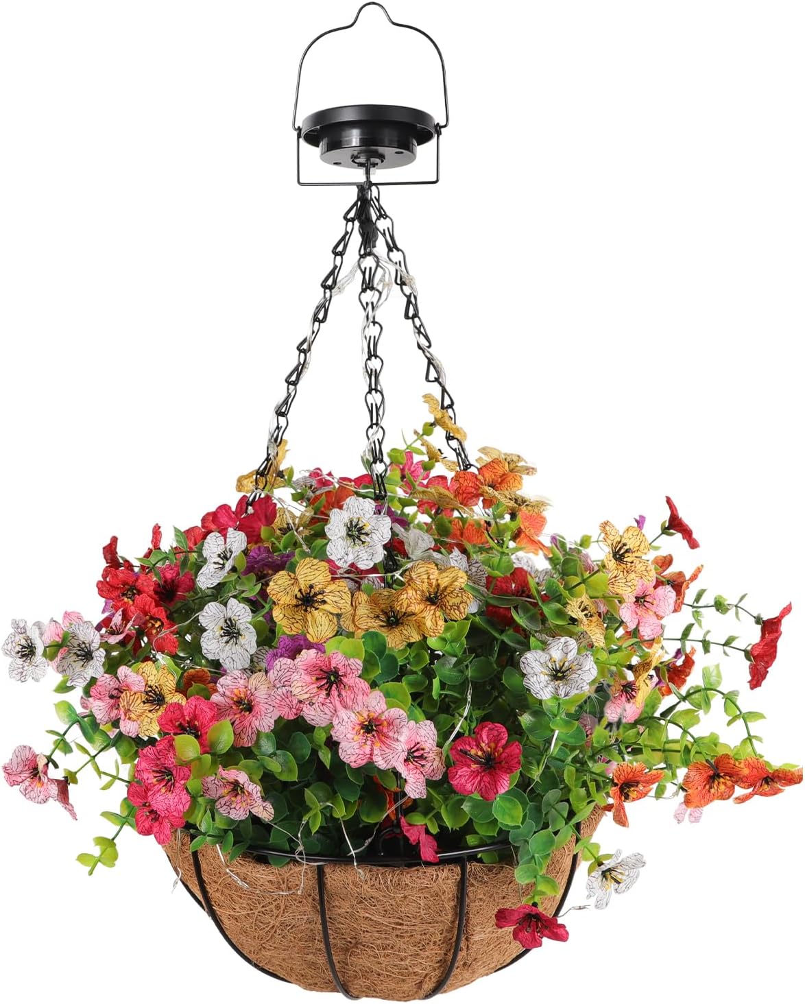 Solar Lighted Fake Flowers Basket for Outdoor Decor