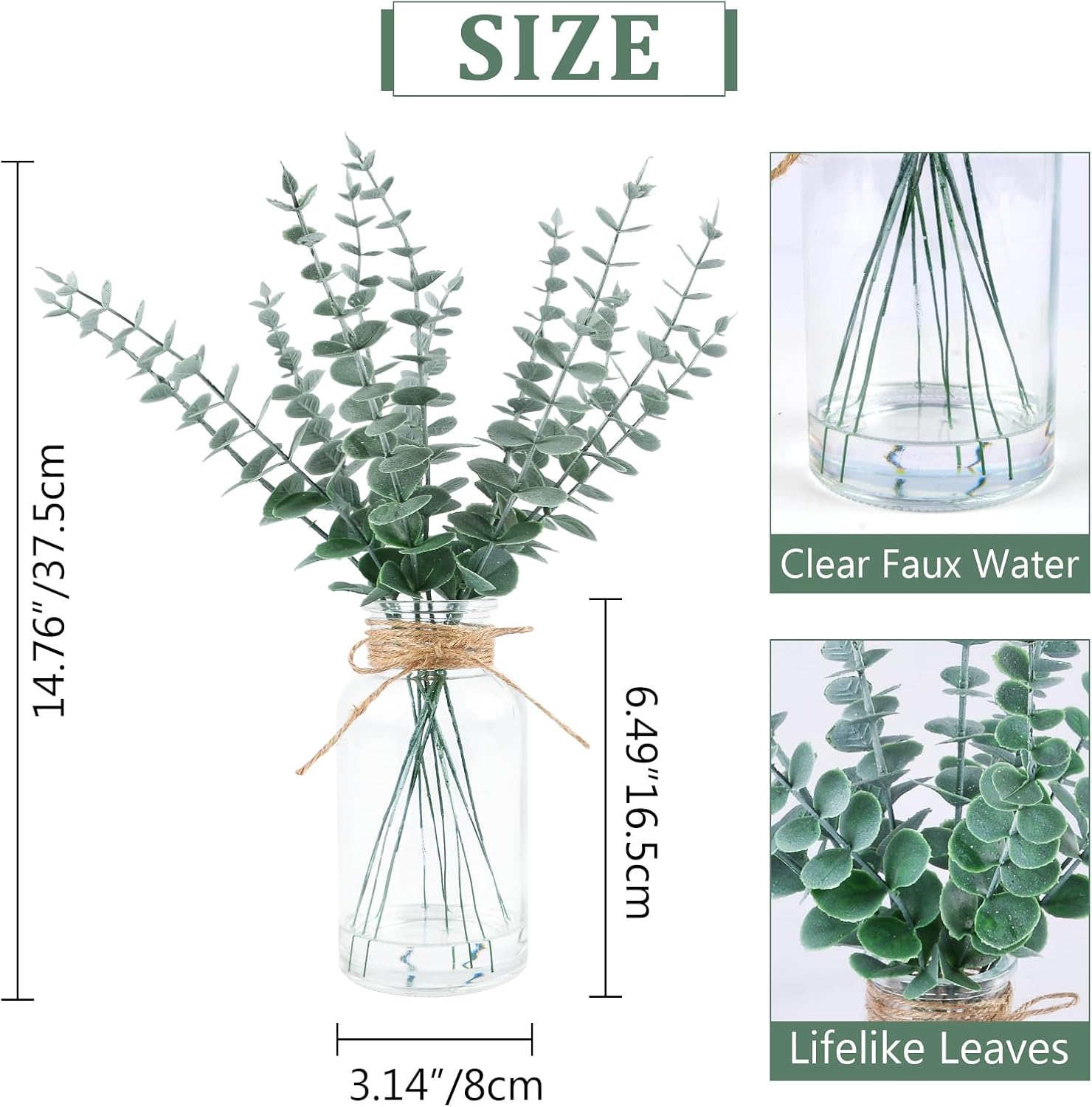 Lovmeety Artificial Eucalyptus Stems with Faux Water in Glass Vase