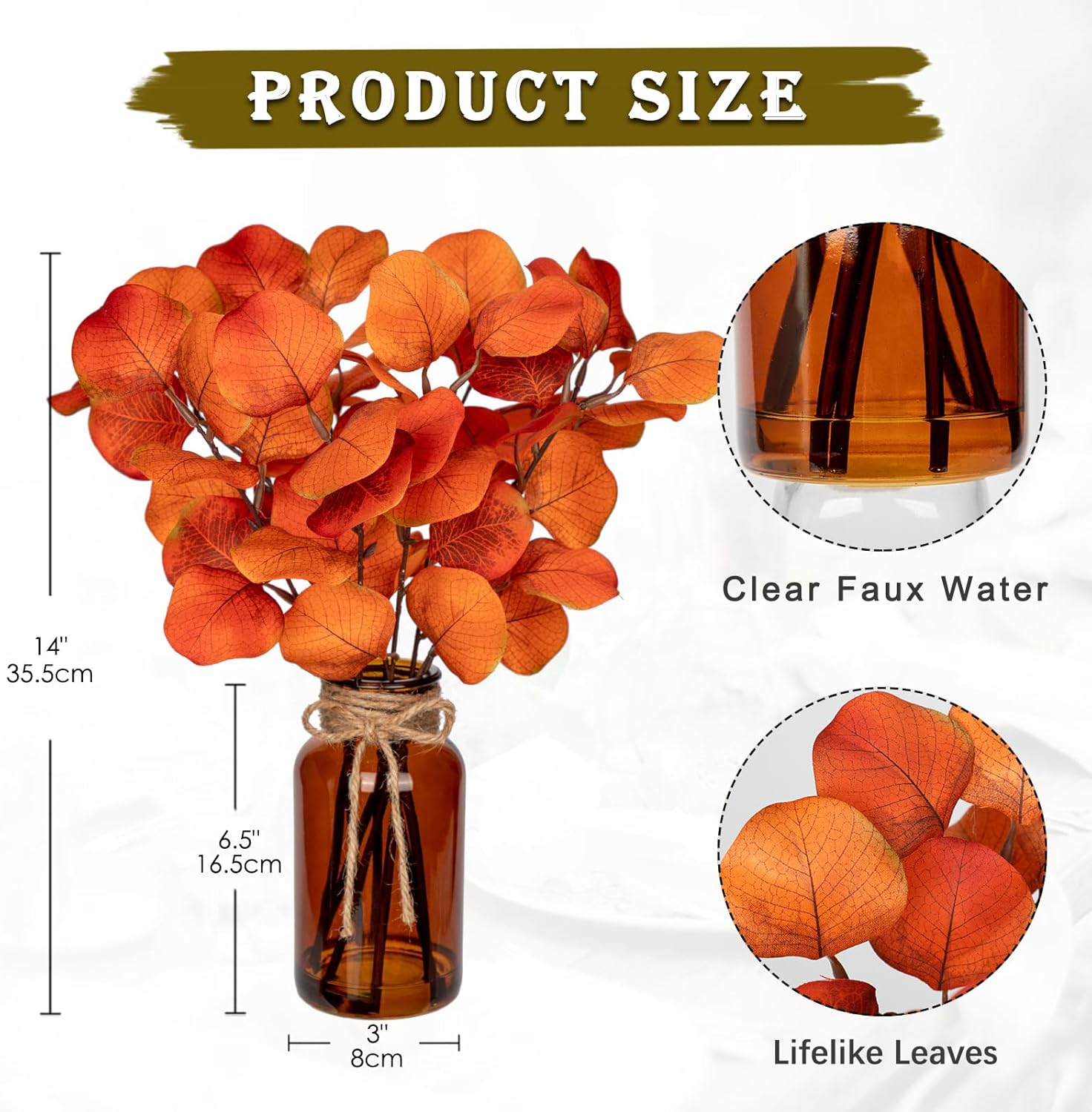 Briful Artificial Eucalyptus in Amber Glass Vase with Faux Water 14 Inch