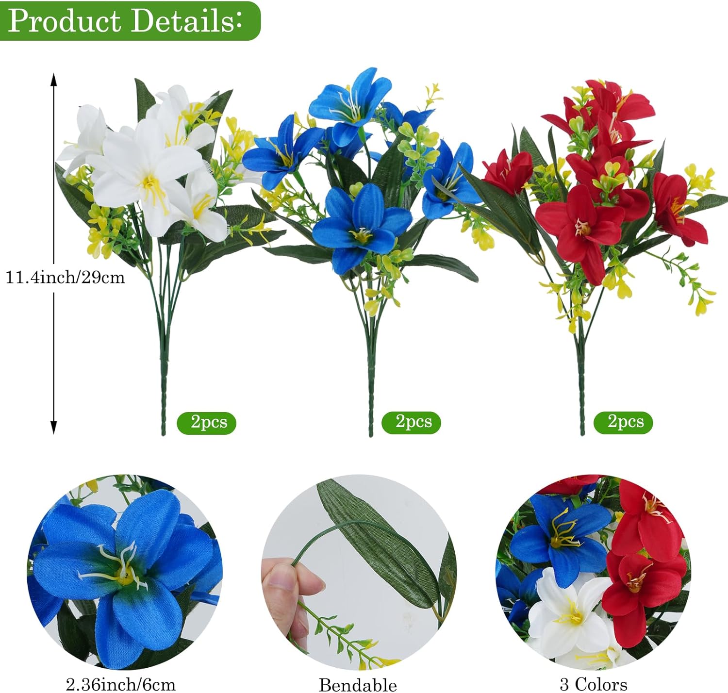 6 Bundles Patriotic Artificial Lily Flowers Red White Blue