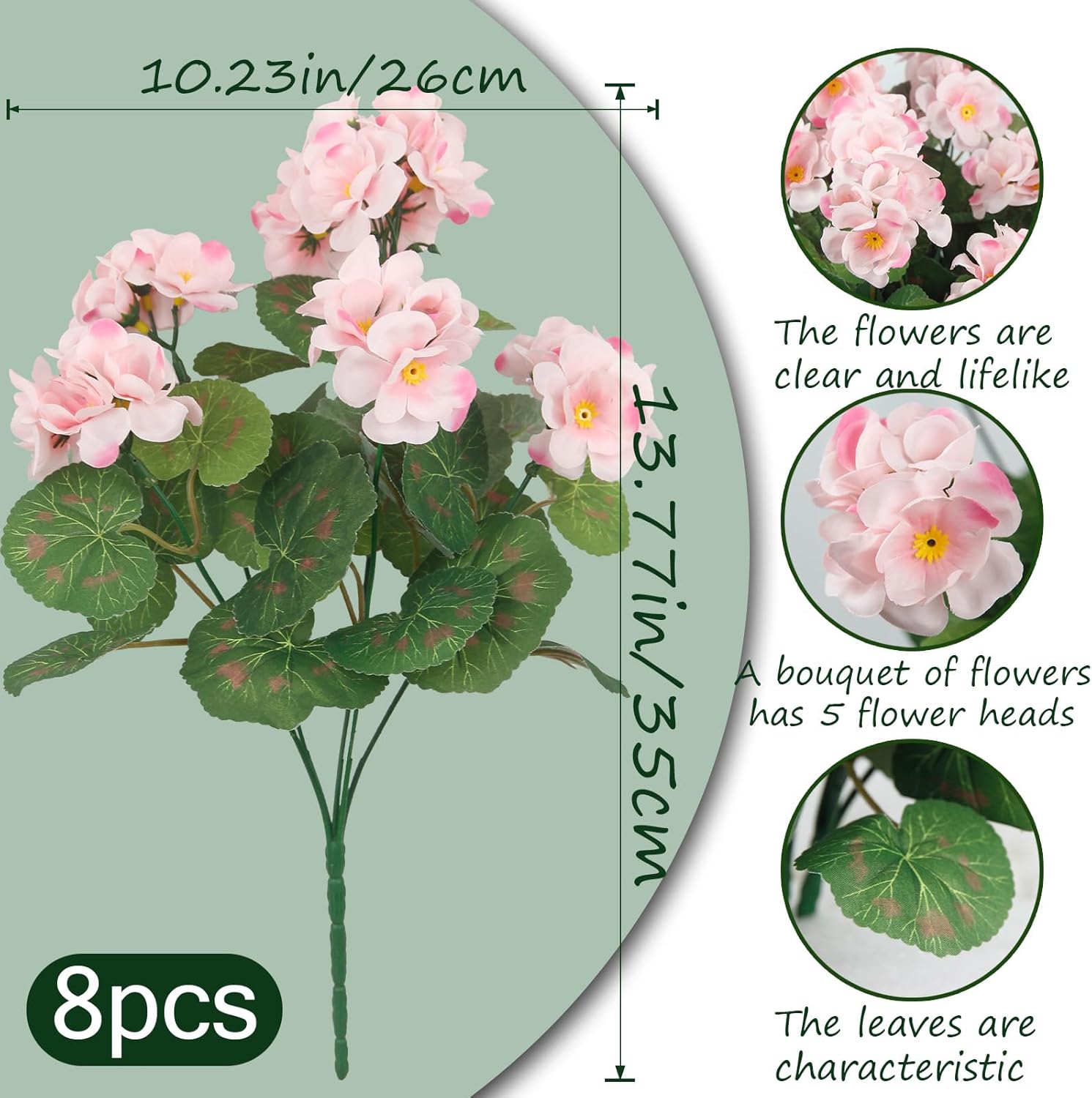 8 Pcs Artificial Geraniums Pink For Garden Home Decor