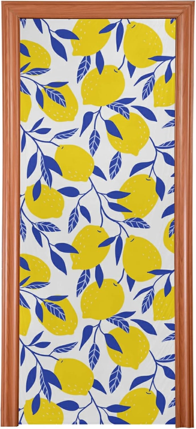 Poeticcity Tropical Yellow Lemons Blue Leaves Door Cover 36x98 Inches