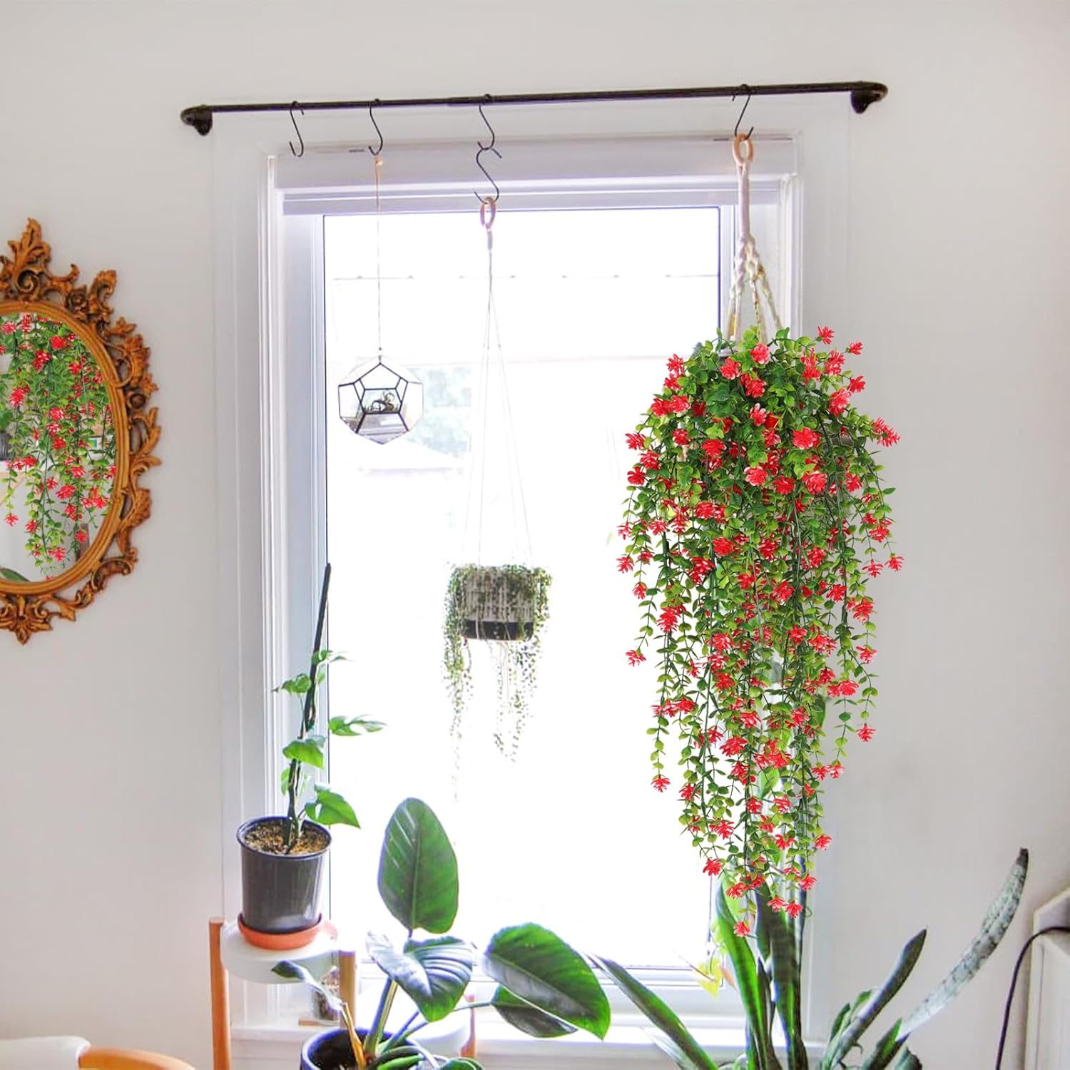 SJL Artificial Hanging Plants 4pcs Red Fake Fern Ivy Decor