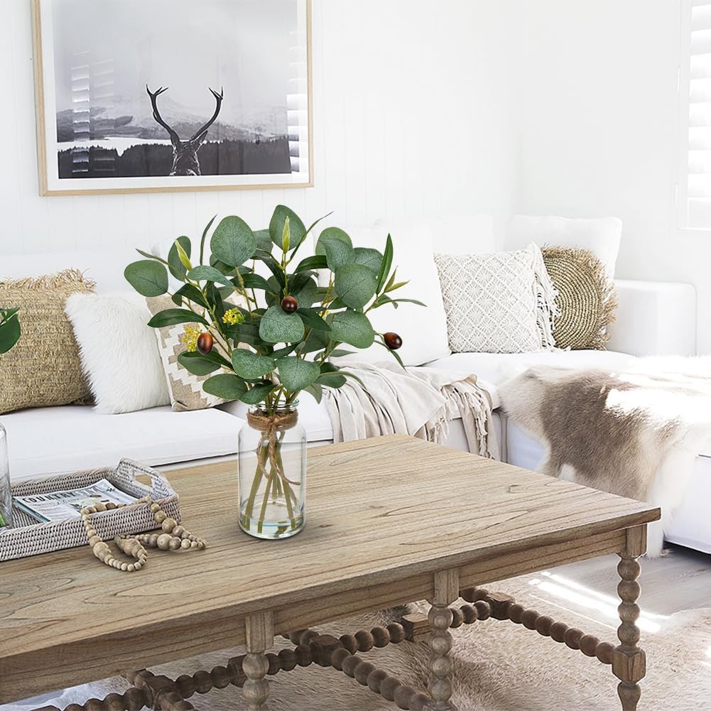 Briful Artificial Eucalyptus Stems in Glass Vase with Faux Water