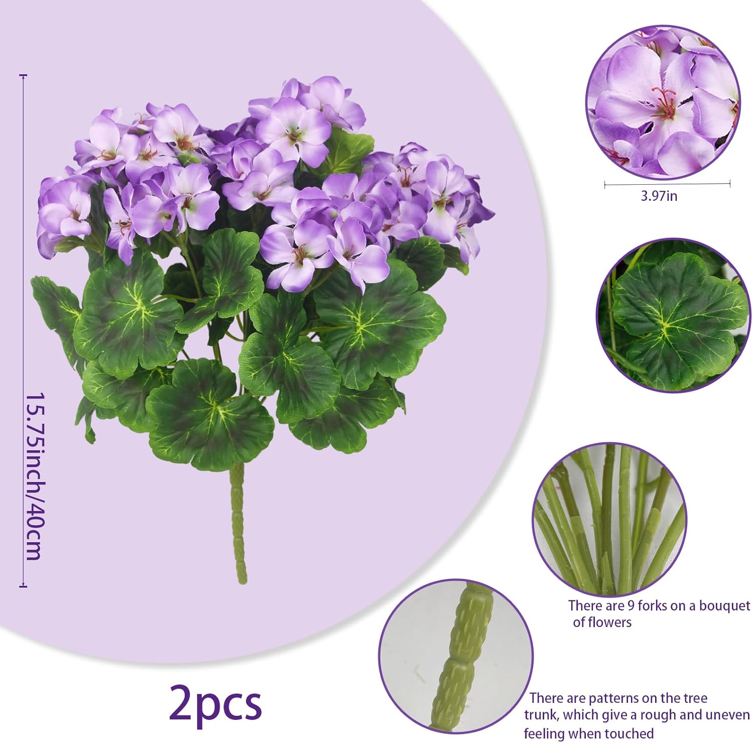 2 Pcs Artificial Geraniums for Outdoor Decor