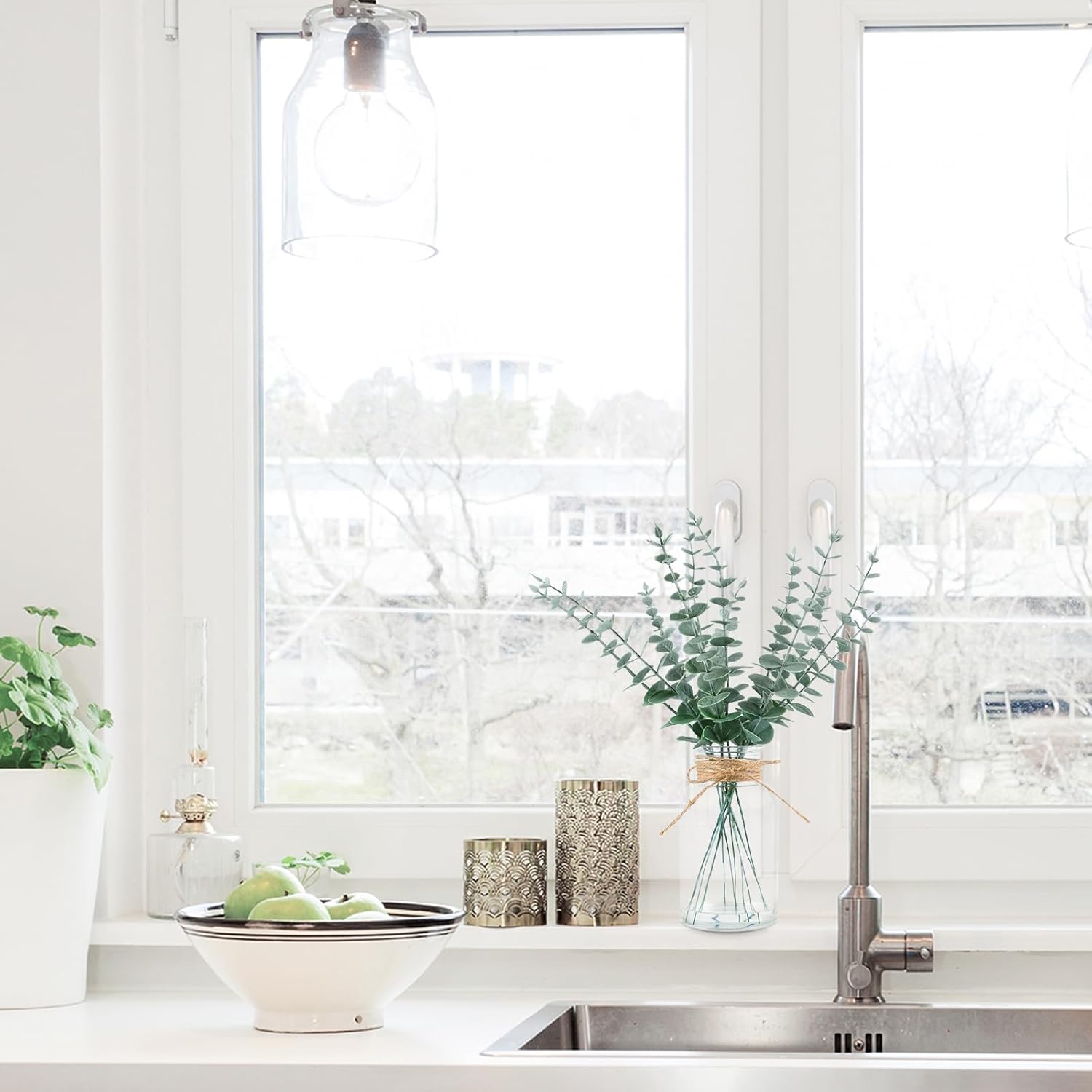 Lovmeety Artificial Eucalyptus Stems with Faux Water in Glass Vase