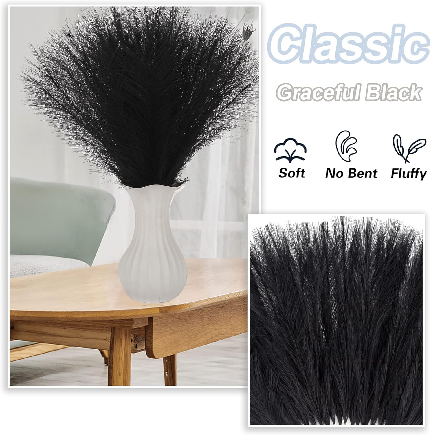 Black Faux Pampas Grass 30 Pcs 17 Inch Boho Decor