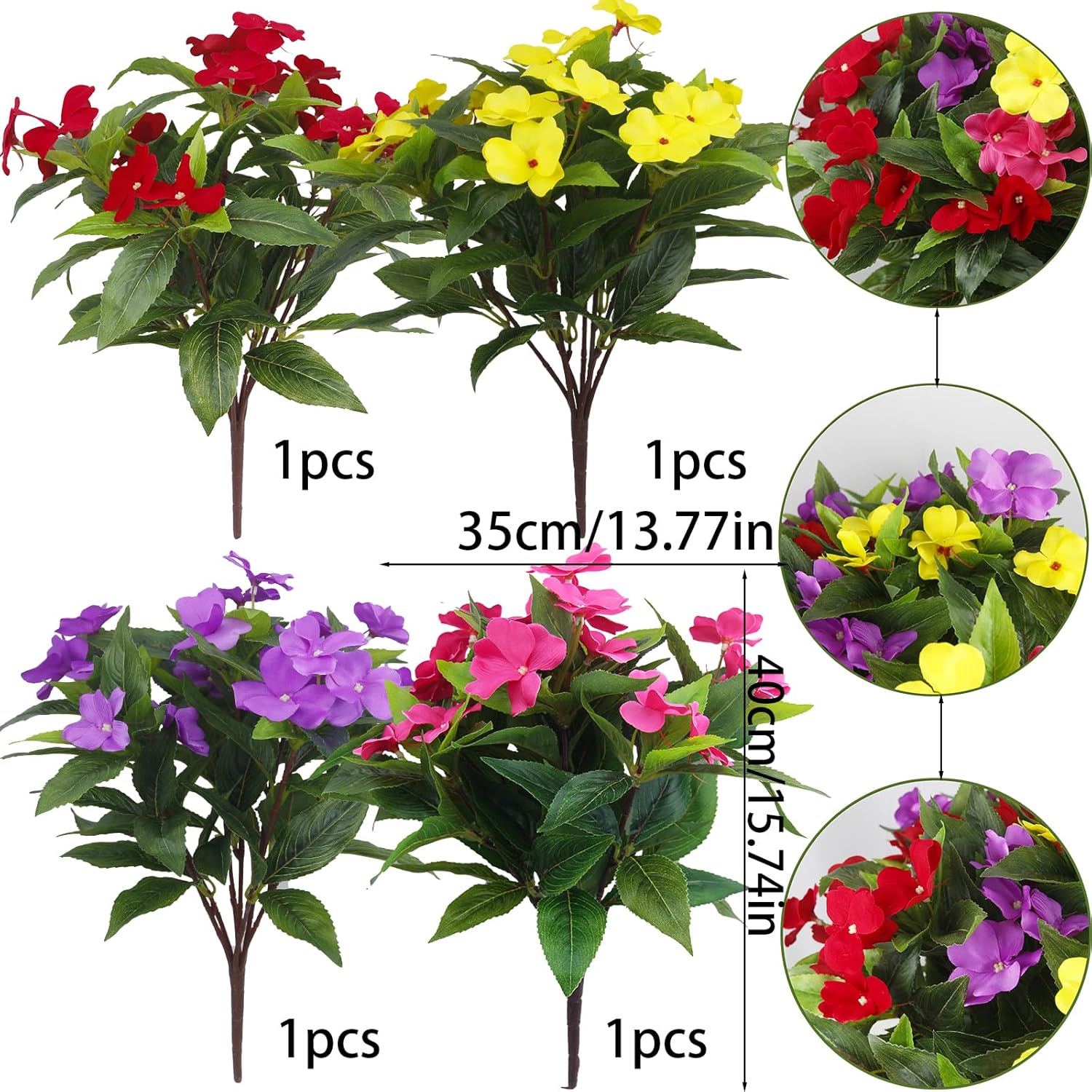 4 Pcs Artificial Impatiens Flowers for Outdoor Decor
