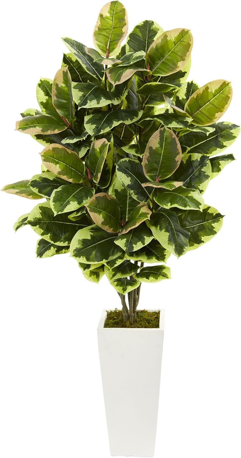 Nearly Natural Variegated Rubber Leaf Plant in White Tower Vase