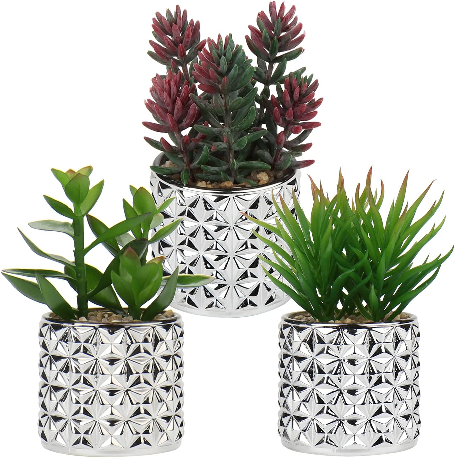 Briful Small Artificial Succulents with Silver Glass Pots 3 Pack