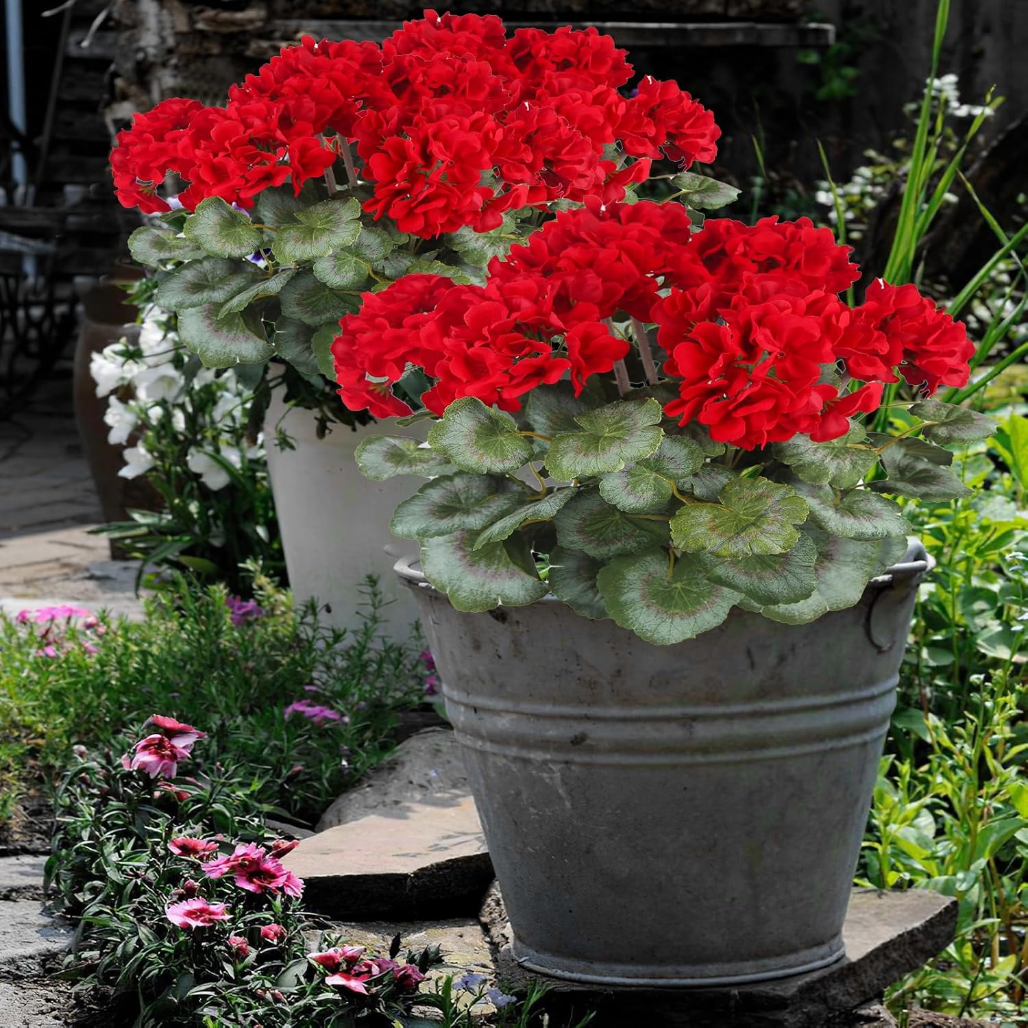 Artificial Red Geraniums Bushes for Outdoor Decor