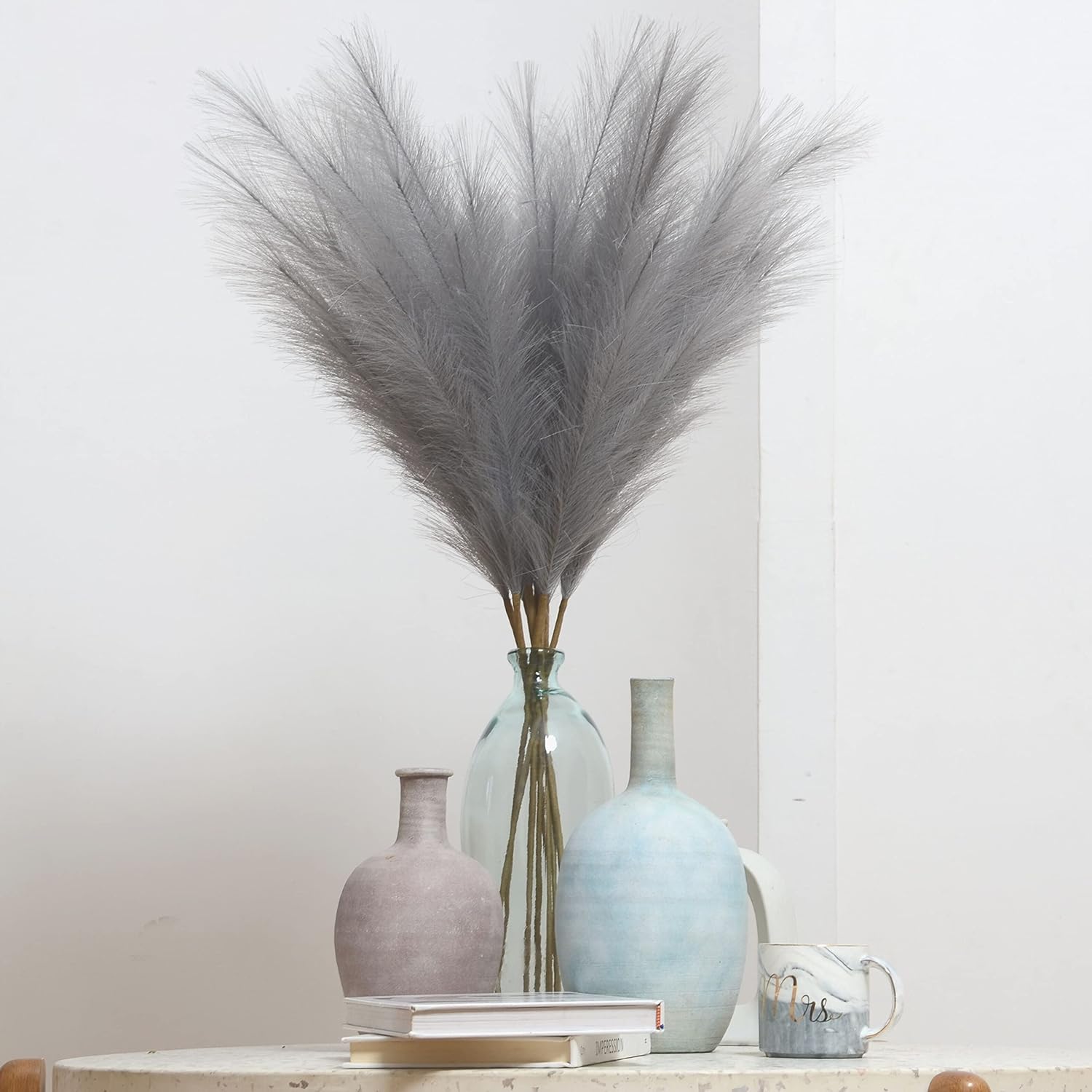Faux Pampas Grass 9 Stem Set 37 Tall Grey