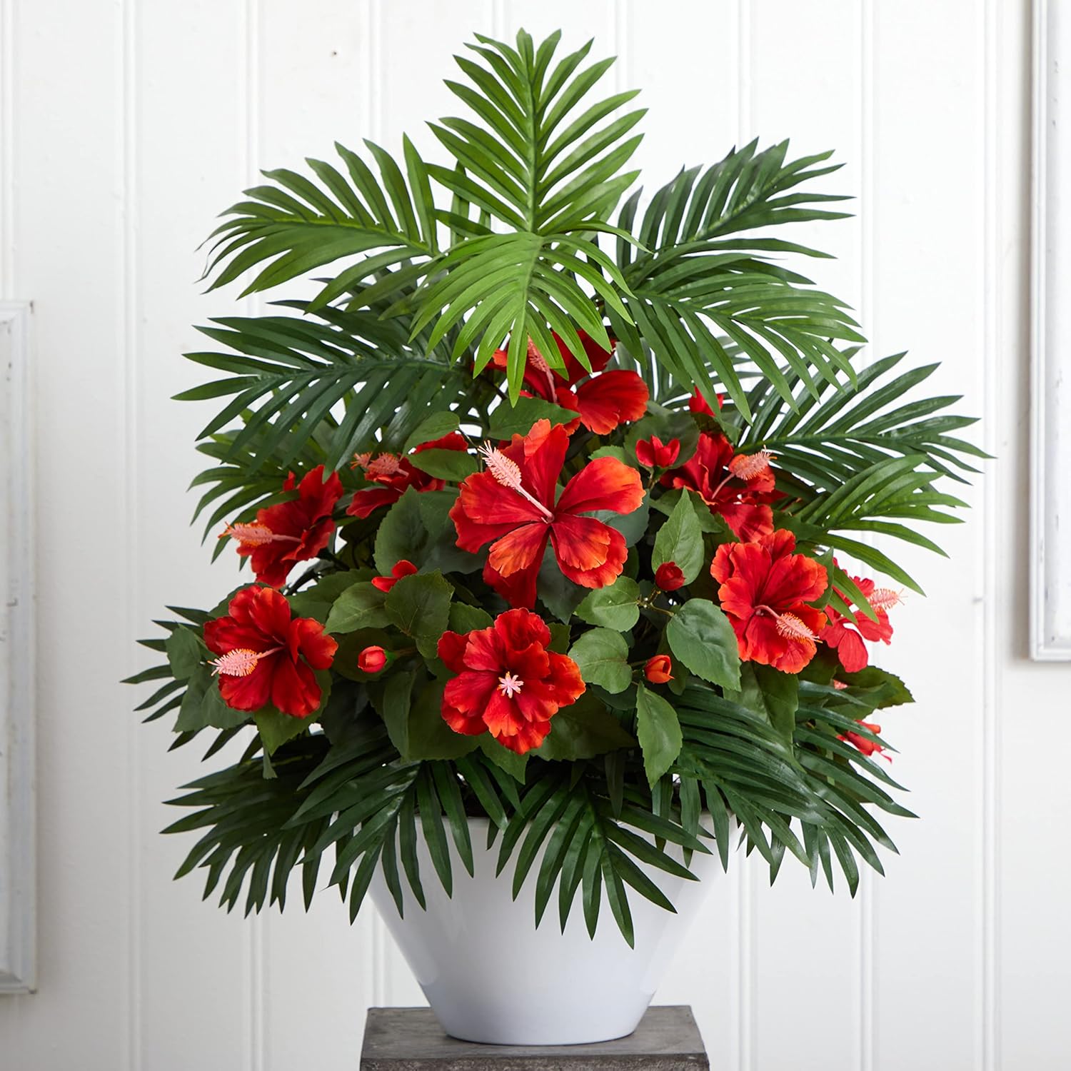 Nearly Natural Hibiscus and Areca Palm Artificial Plant in White Bowl 1