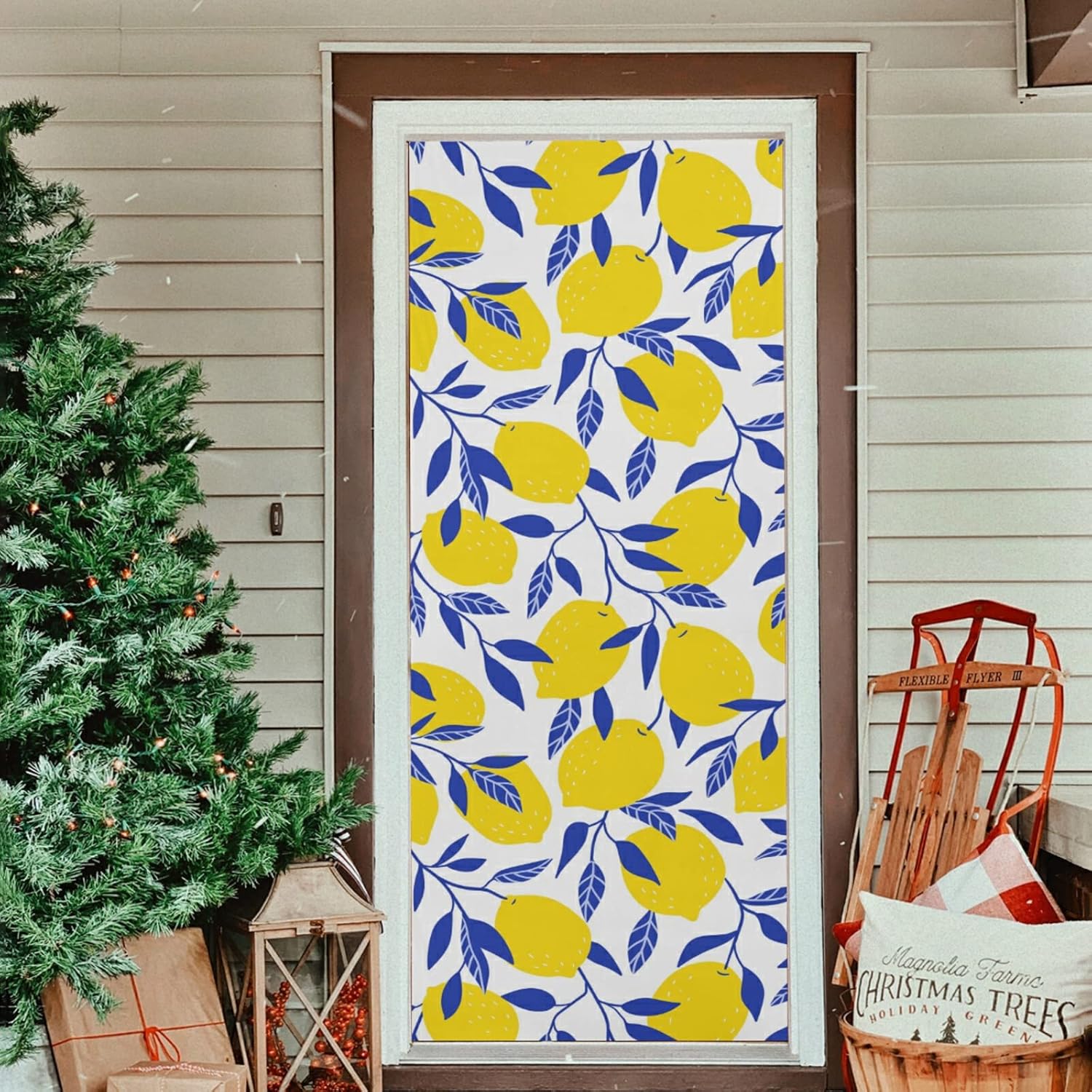 Poeticcity Tropical Yellow Lemons Blue Leaves Door Cover 36x98 Inches
