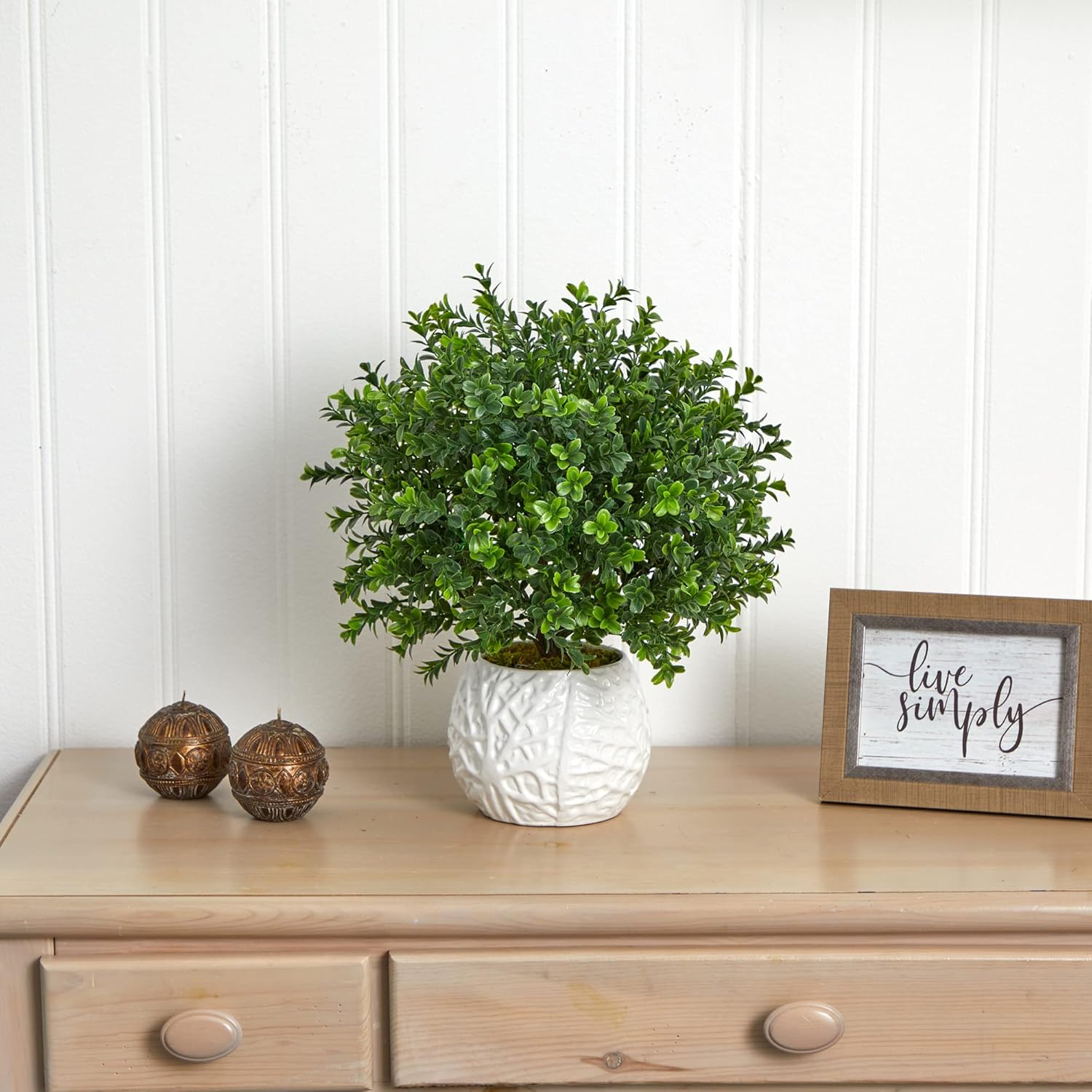 Nearly Natural Boxwood Evergreen Artificial Plant in White Vase
