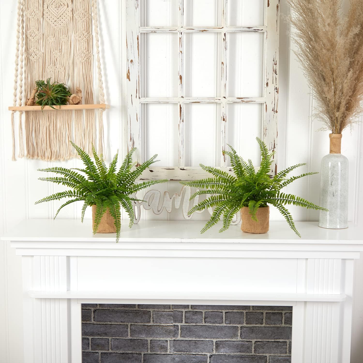 Nearly Natural Boston Fern with Burlap Planter Set of 2