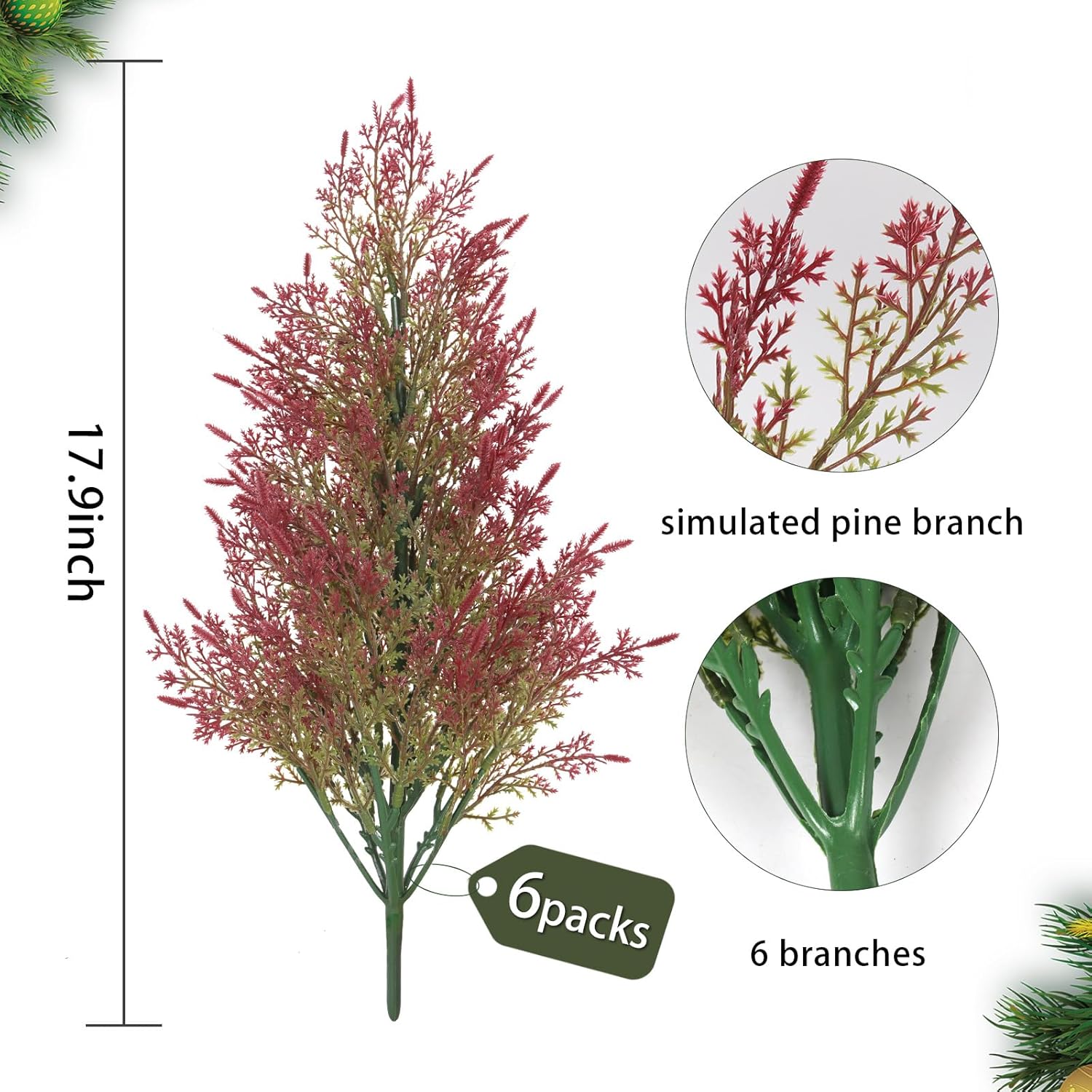 RECUTMS 6 Pack Artificial Pine Branches for Christmas Decor