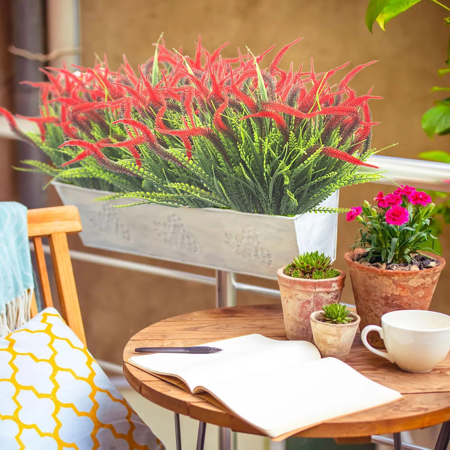 10 Bundles Artificial Plants Outdoor Fake Grass with Flowers UV Resistant