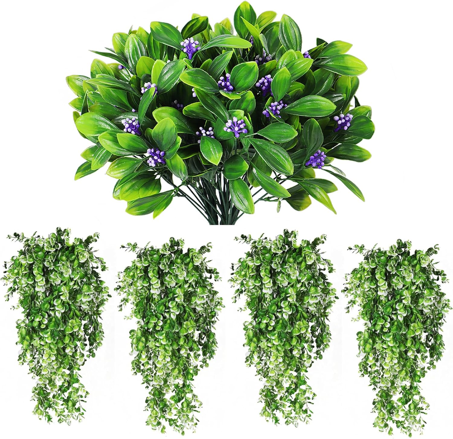 RECUTMS Artificial Shrubs and Faux Fern Leaves 4 Pack Fake Hanging Plants